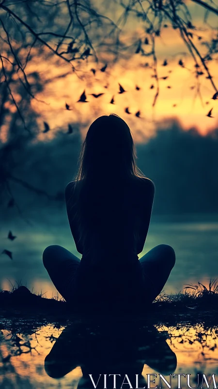 Silhouetted seated figure reflects in lake under gradient dusk sky