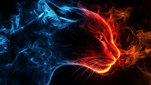 Neon Lion Head with Blue and Red Flame Energy.