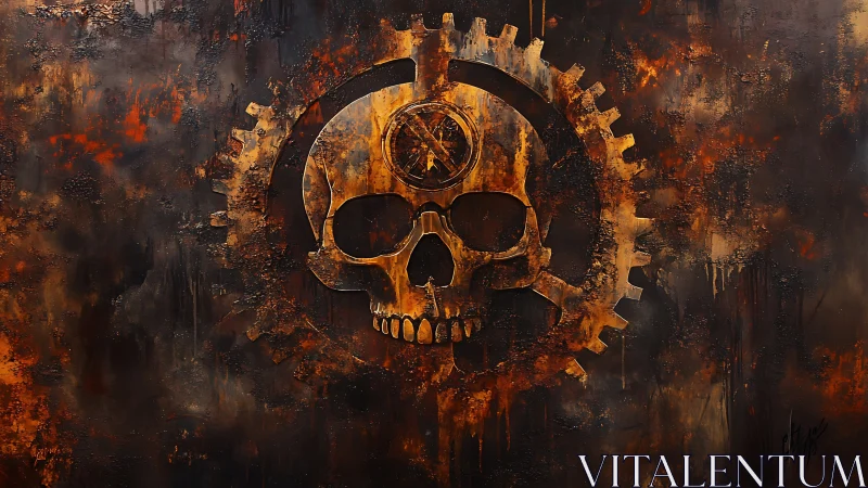 Rusty skull and gear emblem on dark industrial background.
