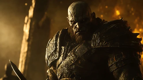 Battle-scarred orc warlord in molten backlight, detailed armor