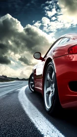 Red sports car tracks wet racing line under dramatic clouds