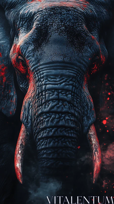 Powerful elephant portrait glowing with dramatic red light.