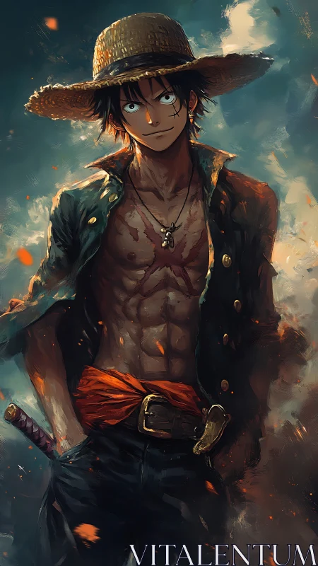 Straw hat swordsman stands in embers with confident gaze