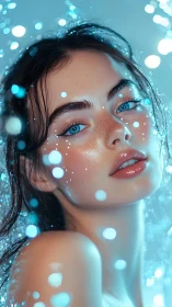 Photorealistic aqua portrait with luminous bokeh detailing.