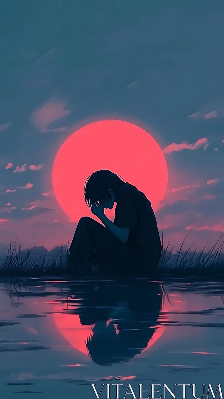 Solitary figure grieves by a lakeside under a neon moon