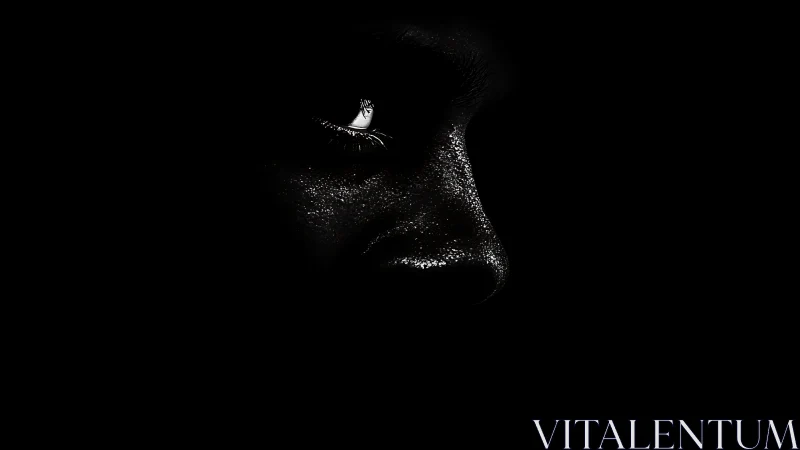 Glimmering face emerging gently from deep shadowed dark.