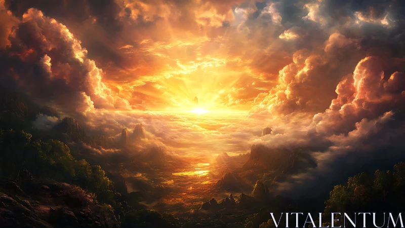 Epic volumetric sunrise over cloud sea and sculpted peaks