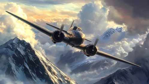 Twin engine propeller aircraft flies over snowy mountains