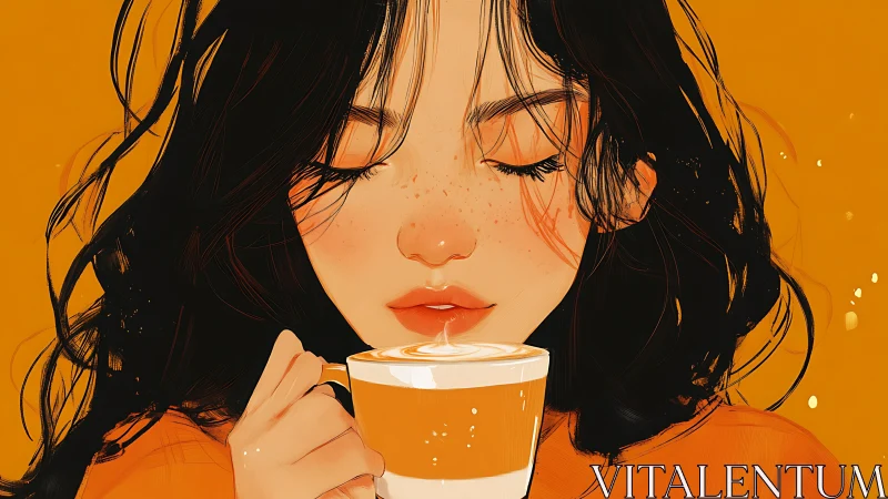 Freckled daydreamer sipping sunrise latte warmth.