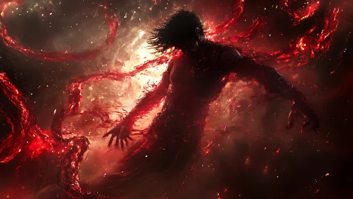 Dark figure erupts in swirling red energy within cosmic void