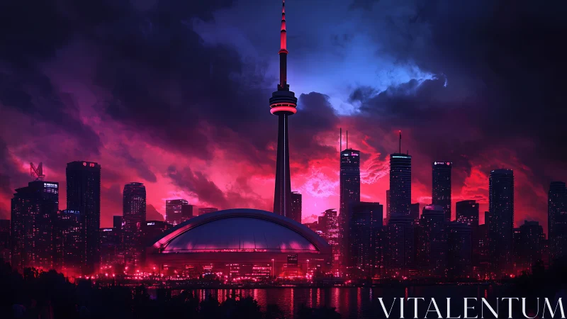 Neon-lit CN Tower over moody sci-fi Toronto skyline.