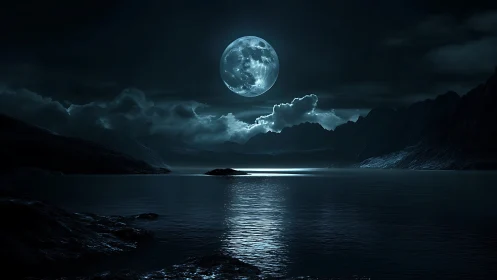 Lunar-illuminated mountain lake rendered in high-contrast digital realism