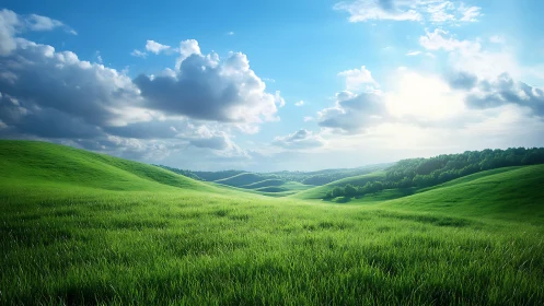 Sunlit emerald hills rolling beneath a vast dreaming sky.