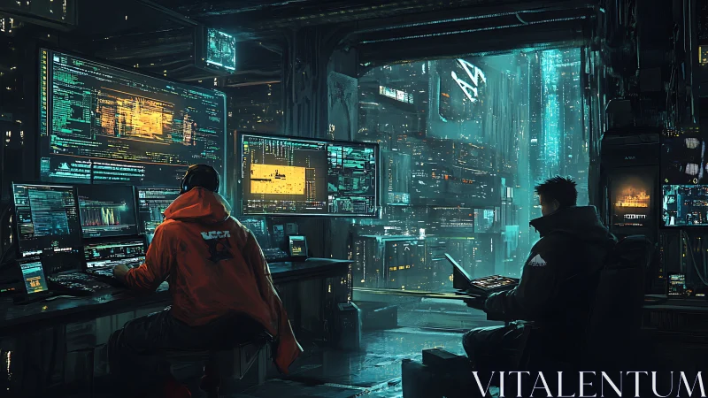 Neon city coders trading secrets in a midnight tech lair.
