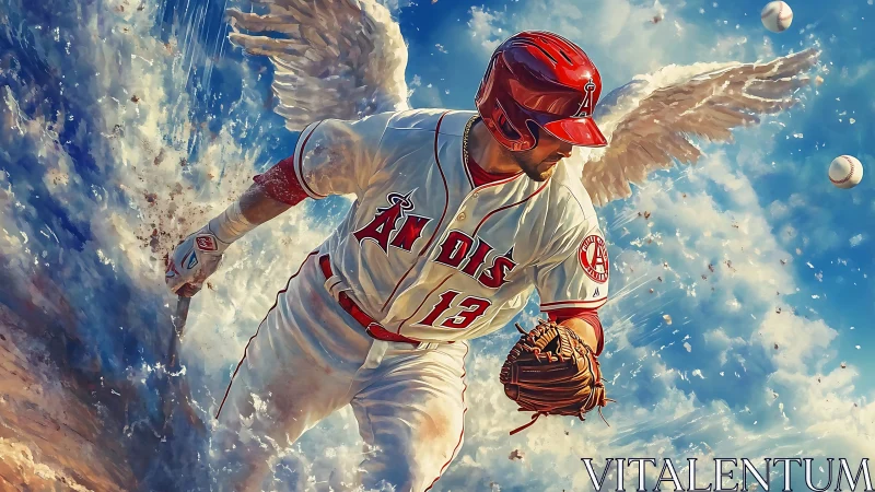 Baseball player with wings running through clouds in motion.