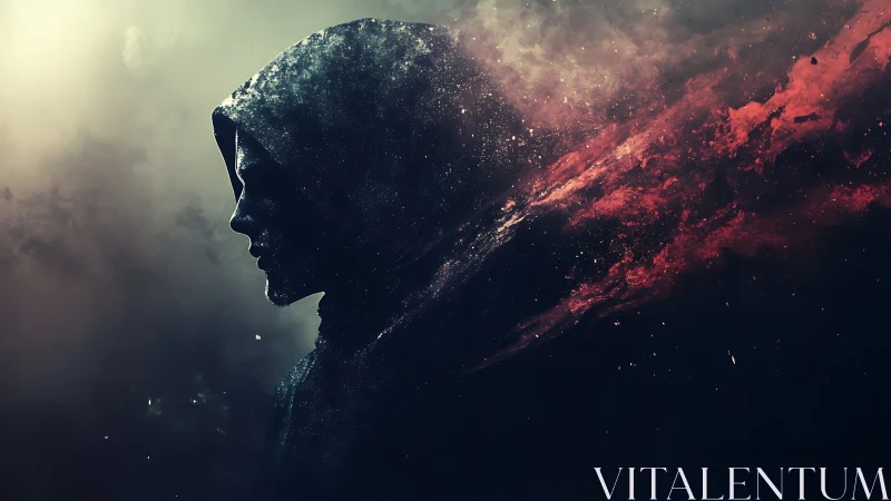 Hooded silhouette dissolves into cosmic red nebula haze.