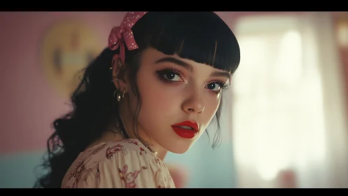Retro-Styled Portrait with Polka Dot Bow and Red Lipstick.