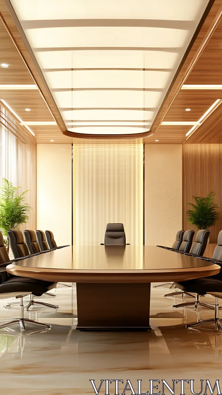 Sunlit executive boardroom oasis with polished calm authority.