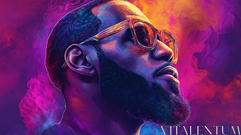 Neon portrait of confident man in sunglasses amid vivid smoke.