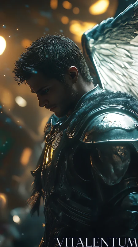 Winged knight in quiet golden light, lost in thought.