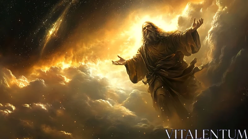 Celestial sage rises through blazing clouds of cosmic dawn.