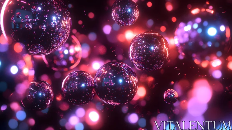 Shimmering Glass Spheres in Abstract Neon Light, Digital Art Style.
