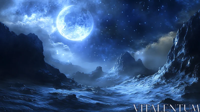 Moonlit frostfront on a silent alien tideworld horizon.