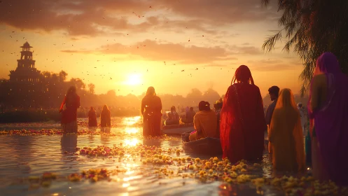 Sunlit river pilgrims trade shadows for blossoms and gold light