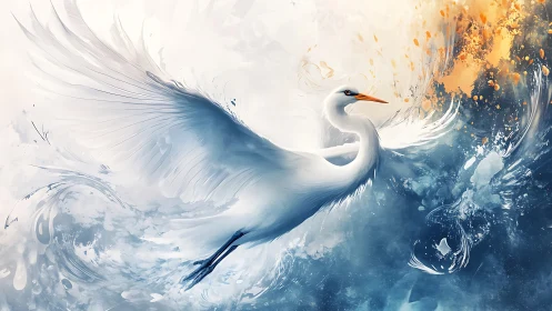Ethereal white heron in swirling water and light burst.