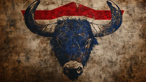 Blue buffalo portrait dominates rustic textured mural wall.