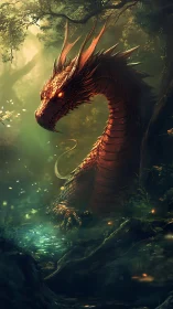 Ember-scaled forest dragon emerging through mystic light.