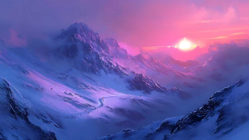 Luminous sunrise ignites violet snowbound mountain pass.