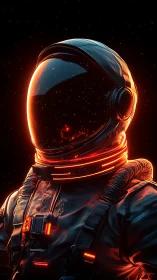 Illuminated astronaut suit with glowing red visor and trim.