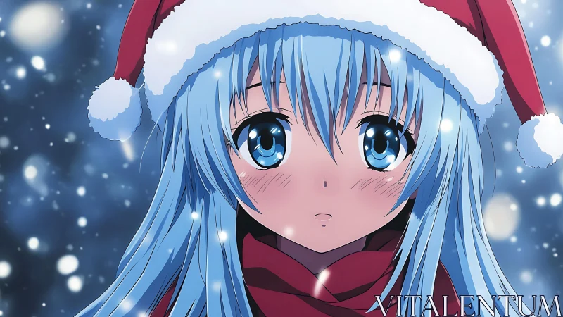 Blue haired anime girl in red Santa hat under snowfall.