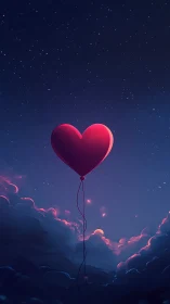 Luminous Heart Balloon Against Nocturnal Cloudscape.