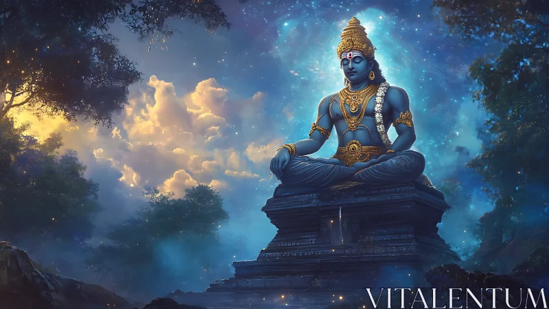 Blue deity statue sits on stone pedestal under star field