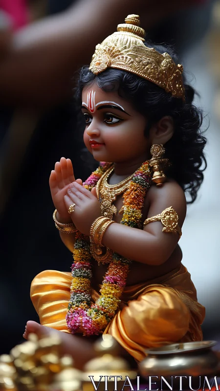 Highly detailed child deity idol with ornate crown and garlands