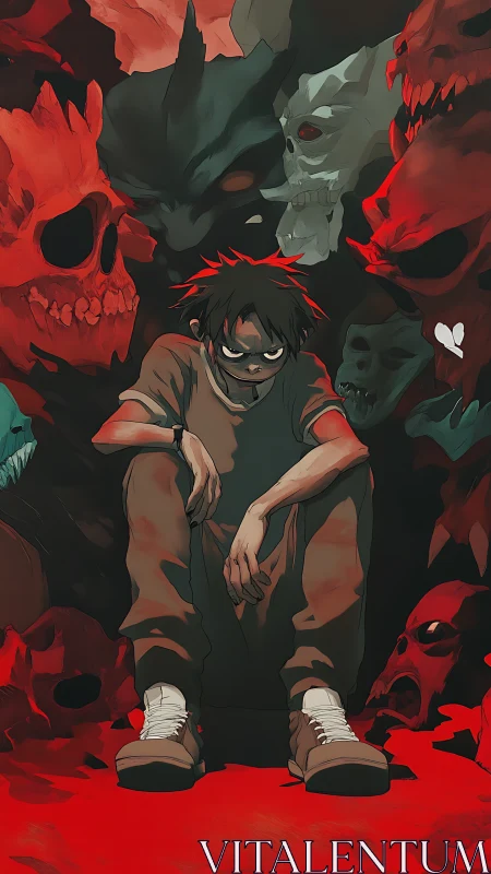 Brooding boy in demon skull cavern under blood-red glow.