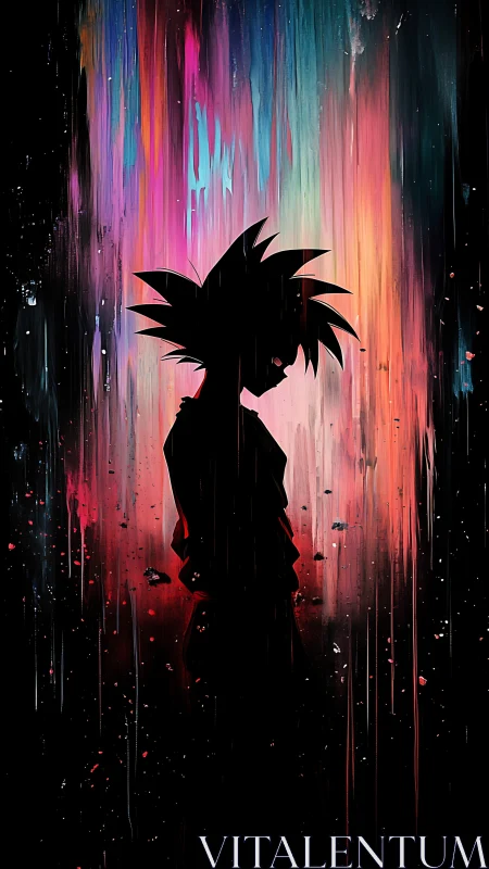 Silhouetted spiky haired figure against dripping color field.