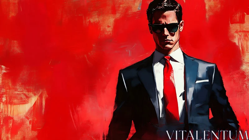 Stylish suited man in sunglasses against vivid red field.