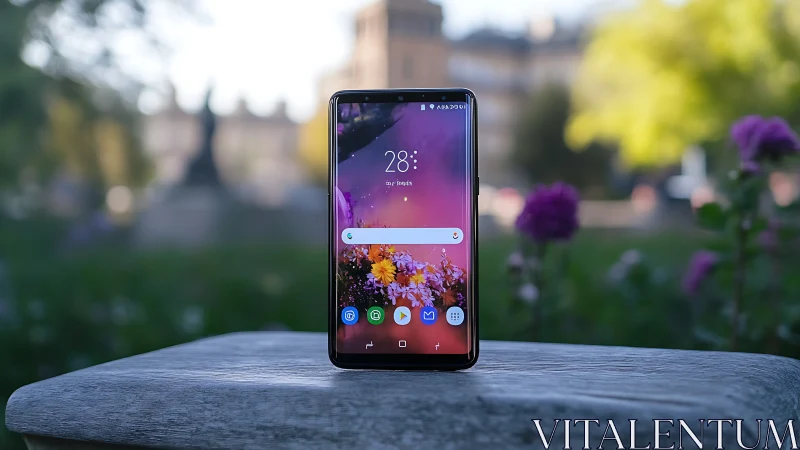 Samsung smartphone displaying vibrant floral home screen in garden setting.