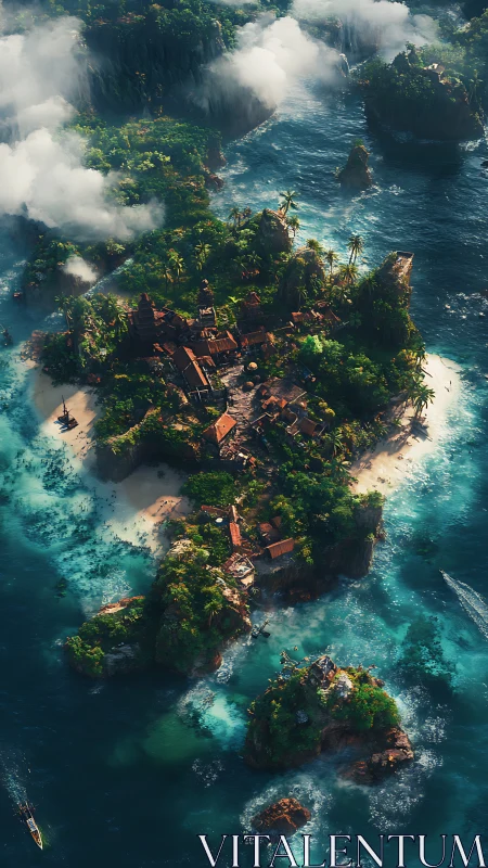 Abandoned Settlement on Tropical Island Surrounded by Ocean.