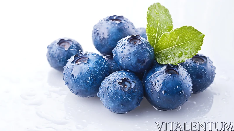 Glittering blueberries crowned with dew and fresh green leaves.