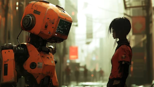 Robot and human stand facing each other in narrow urban alley