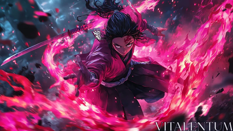 Dynamic katana-wielding warrior channels magenta flame arc