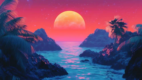 Neon coastline with palm silhouettes under large setting moon.