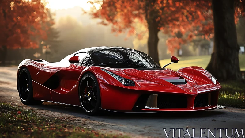 Red exotic sports car parked on forest road in autumn.