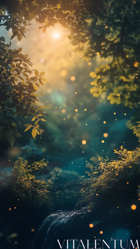 Enchanted forest glows with fireflies in warm golden light.