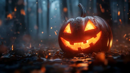 Jack-o’-lantern glow brightens a misty Halloween forest.