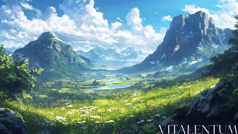 Vast green valley with rivers beneath towering mountains.